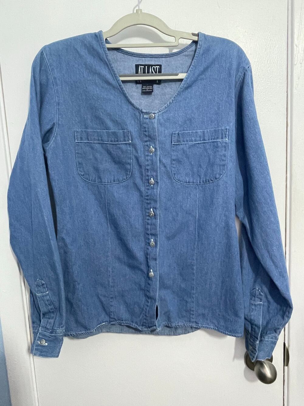 Vintage Denim At Last Blouse Large Minimalist Lagenlook Slub Chore Boho